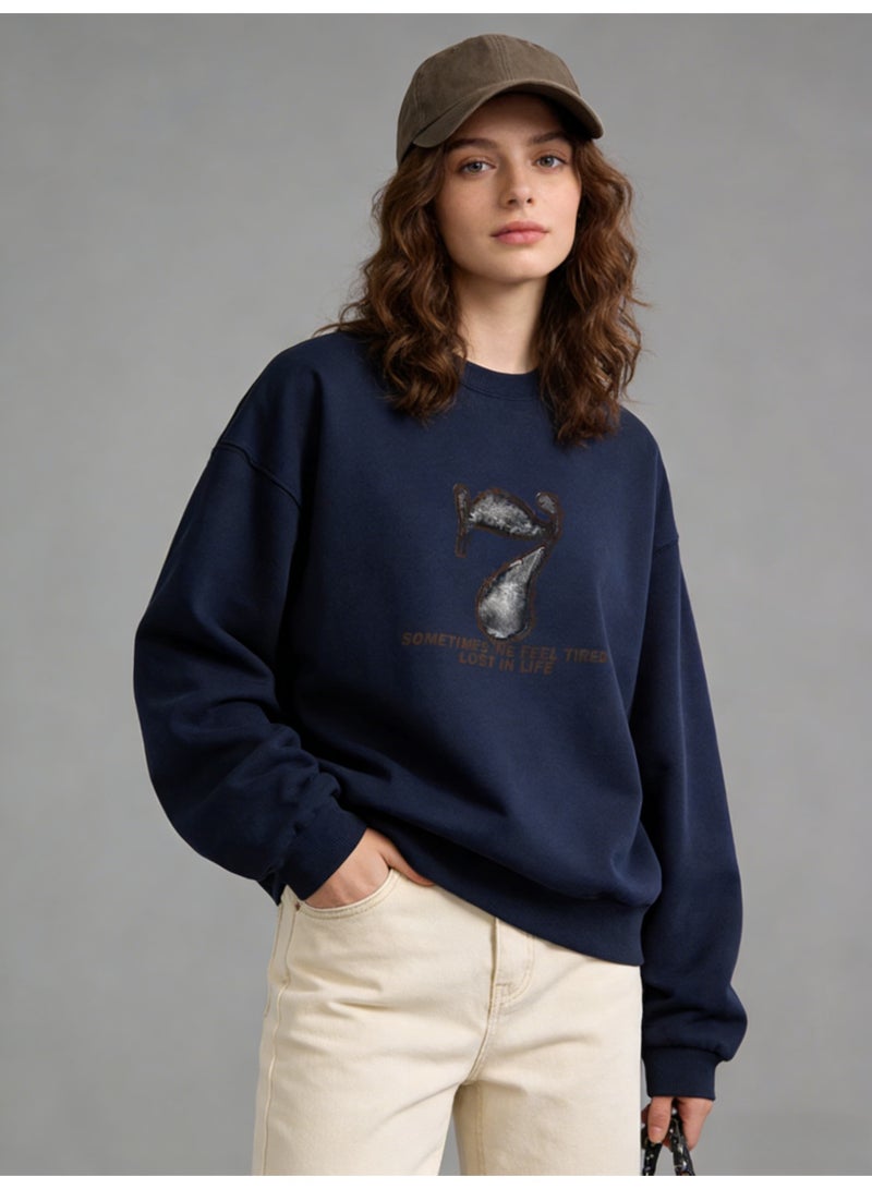 BM INS Navy Blue "Distressed Number 7" Graphic Oversized Crew Neck Sweatshirt | Unisex Pullover With "SOMETIMES WE FEEL TIRED LOST IN LIFE" Slogan - Image 4